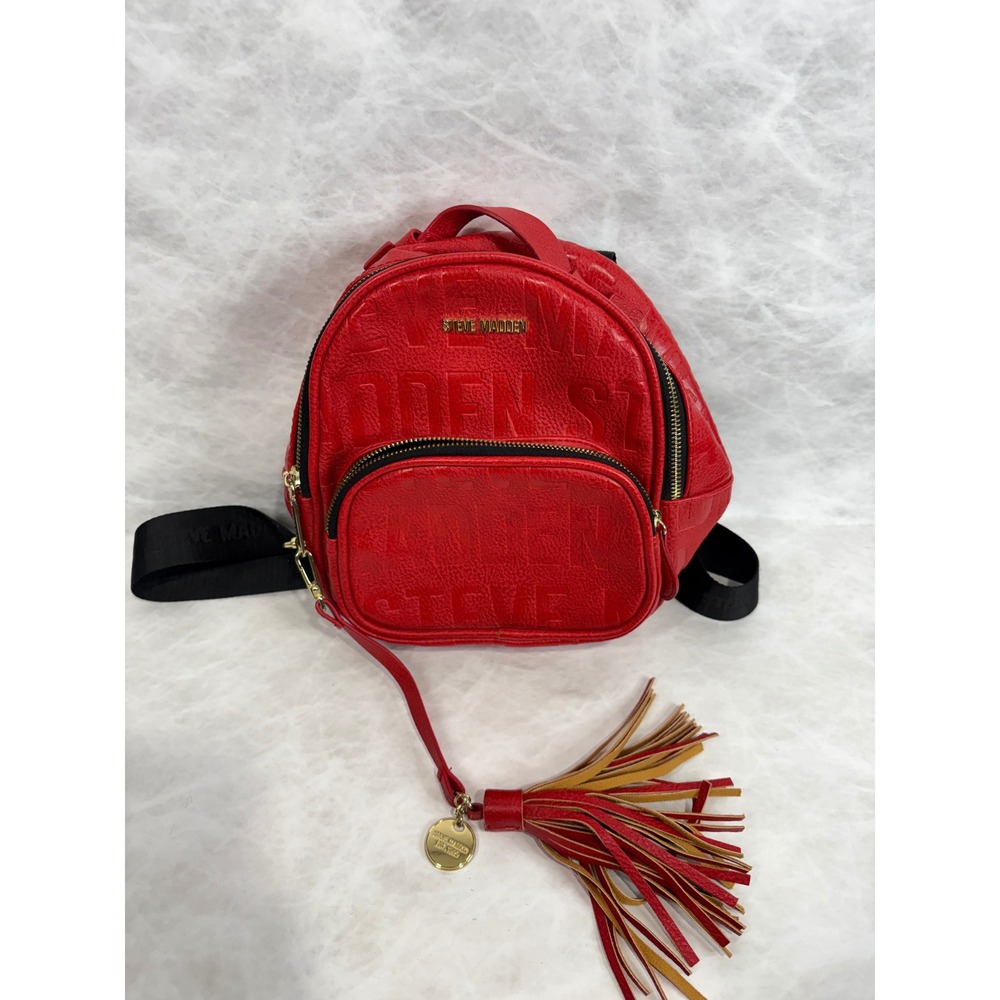 Steve Madden Red Embossed Logo Mini Backpack with Tassel Gold Tone Hardware